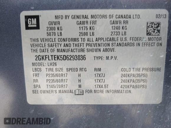 2013 GMC Terrain SLE with VIN 2GKFLTEK5D6293036, listed as a IAAI auction lot 41777350 with 191,976 mi miles. Bid and sale history available at carsss.com. Image 9.