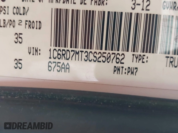 2012 Ram 1500 Sport with VIN 1C6RD7MT3CS250762, listed as a IAAI auction lot 42201661 with Not provided miles and . Bid and sale history available at DreamBid. Image 9.