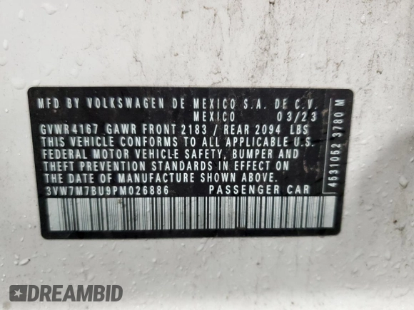 2023 Volkswagen Jetta SE with VIN 3VW7M7BU9PM026886, listed as a Copart auction lot 55356075 with 21,285 mi miles and Salvage title. Bid and sale history available at DreamBid. Image 12.