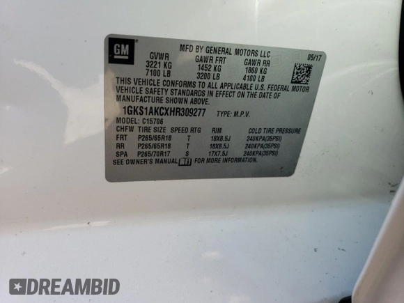 2017 GMC Yukon SLE with VIN 1GKS1AKCXHR309277, listed as a Copart auction lot 72389454 with 116,967 mi miles and Salvage Title. Bid and sale history available at carsss.com. Image 13.