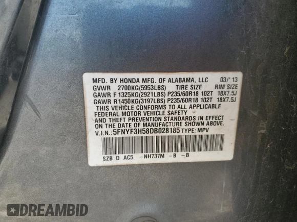 2013 Honda Pilot EX-L with VIN 5FNYF3H58DB028185, listed as a Copart auction lot 46416035 with 191,870 mi miles and Salvage Title. Bid and sale history available at DreamBid. Image 16.