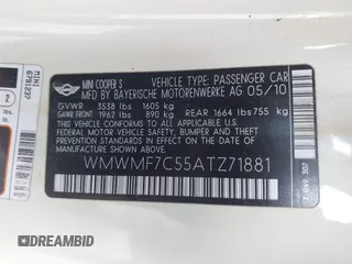2010 MINI Hardtop S with VIN WMWMF7C55ATZ71881, listed as a IAAI auction lot 41893555 with 77,953 mi miles and . Bid and sale history available at DreamBid. Image 9.
