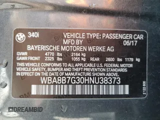 2017 BMW 3 Series 340i xDrive with VIN WBA8B7G30HNU38373, listed as a Copart auction lot 58005335 with 69,904 mi miles and Salvage title. Bid and sale history available at DreamBid. Image 13.