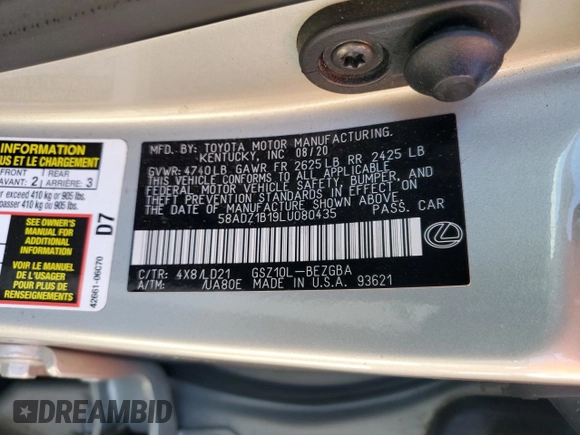 2020 Lexus ES with VIN 58ADZ1B19LU080435, listed as a Copart auction lot 44601095 with 84,278 mi miles and Salvage Title. Bid and sale history available at carsss.com. Image 14.