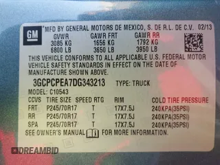 2013 Chevrolet Silverado 1500 with VIN 3GCPCPEA7DG343213, listed as a IAAI auction lot 41782731 with 109,795 mi miles and . Bid and sale history available at DreamBid. Image 9.