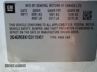 2012 Buick Regal with VIN 2G4GR5EK1C9115451, listed as a Copart auction lot 60052365 with 144,660 mi miles and Salvage title. Bid and sale history available at DreamBid. Image 12.