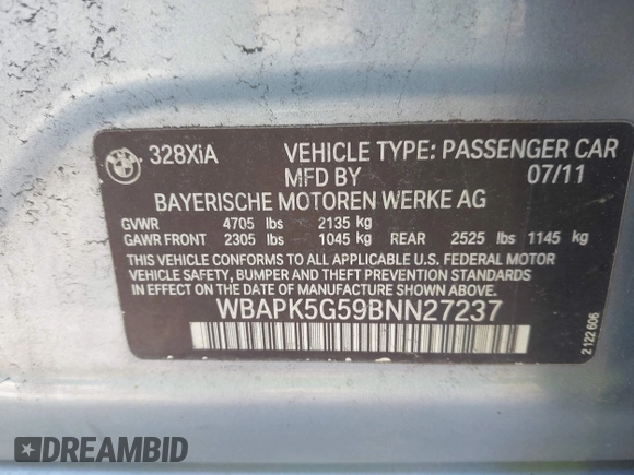 2011 BMW 3 Series 328i xDrive with VIN WBAPK5G59BNN27237, listed as a IAAI auction lot 42237798 with 125,434 mi miles and . Bid and sale history available at DreamBid. Image 9.