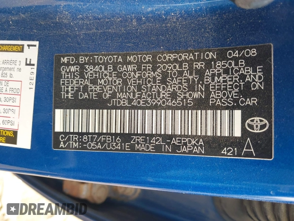 2009 Toyota Corolla with VIN JTDBL40E399046515, listed as a IAAI auction lot 42154947 with 153,041 mi miles. Bid and sale history available at carsss.com. Image 9.