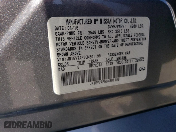 2016 Infiniti Q50 Premium with VIN JN1EV7AP5GM301199, listed as a Copart auction lot 62756045 with 52,580 mi miles and Salvage title. Bid and sale history available at DreamBid. Image 12.