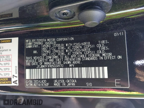 2011 Lexus GX 460 with VIN JTJBM7FX9B5034970, listed as a IAAI auction lot 42562366 with 172,555 mi miles and . Bid and sale history available at DreamBid. Image 9.