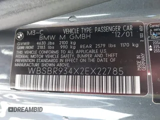 2002 BMW 3 Series M3 with VIN WBSBR934X2EX22785, listed as a IAAI auction lot 41866409 with 91,058 mi miles. Bid and sale history available at carsss.com. Image 9.