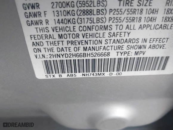 2011 Acura MDX Tech Pkg with VIN 2HNYD2H66BH526668, listed as a IAAI auction lot 39278132 with 1 mi miles. Bid and sale history available at carsss.com. Image 9.