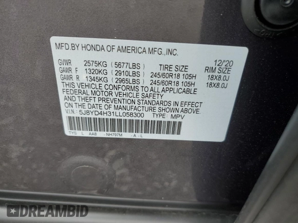 2020 Acura MDX with VIN 5J8YD4H31LL058300, listed as a Copart auction lot 52531115 with 0 mi miles and Salvage Title. Bid and sale history available at carsss.com. Image 14.