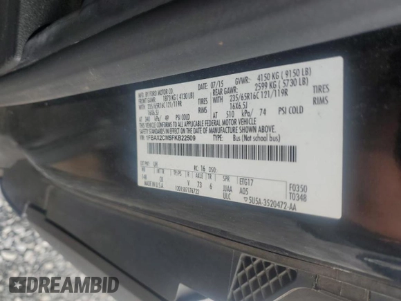 2015 Ford Transit Passenger XL z VIN 1FBAX2CM5FKB22509, wystawiony jako Copart lot #50359265 z przebiegiem 190 581 mil mil oraz Szkoda całkowita • Salvage title. Historia ofert i sprzedaży dostępna na DreamBid. Obrazek 13.
