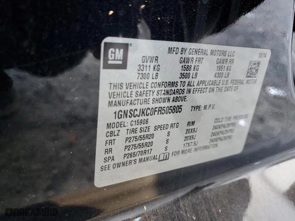 2015 Chevrolet Suburban LT with VIN 1GNSCJKC0FR505805, listed as a Copart auction lot 85913814 with 156,902 mi miles and Salvage Title. Bid and sale history available at carsss.com. Image 15.