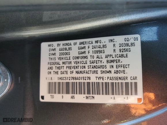 2009 Honda Accord Cpe EX with VIN 1HGCS12789A015278, listed as a Copart auction lot 42772675 with NaN miles and Salvage Title. Bid and sale history available at carsss.com. Image 12.