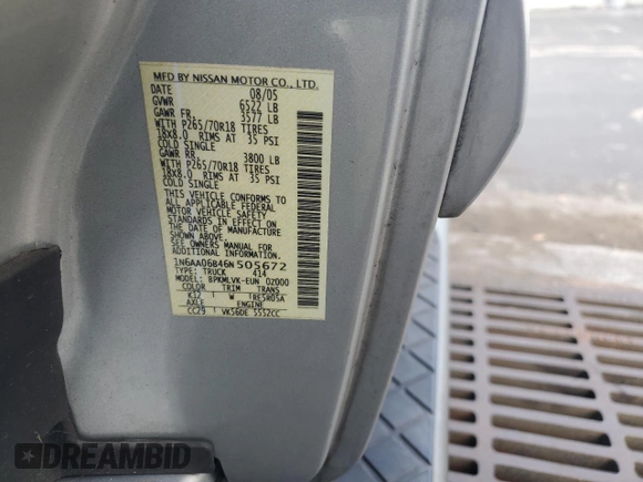 2006 Nissan Titan XE with VIN 1N6AA06B46N505672, listed as a Copart auction lot 56166505 with 142,458 mi miles and Non repairable. Bid and sale history available at DreamBid. Image 12.