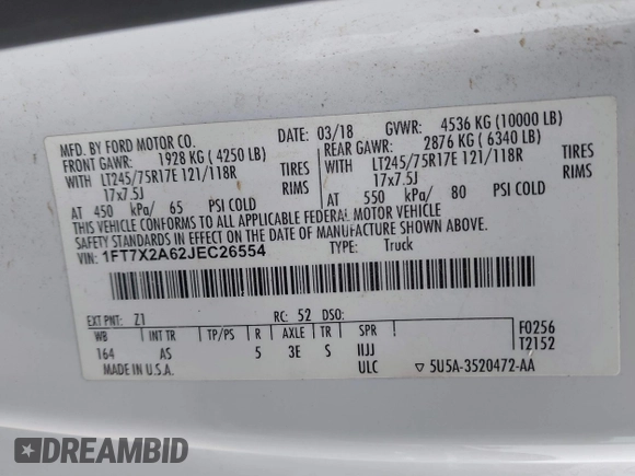 2018 Ford F-250 XL with VIN 1FT7X2A62JEC26554, listed as a IAAI auction lot 41603638 with 131,469 mi miles and . Bid and sale history available at DreamBid. Image 9.