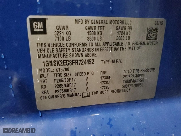 2015 Chevrolet Tahoe Commercial with VIN 1GNSK2EC8FR724452, listed as a Copart auction lot 76998724 with 112,295 mi miles and Clean Title. Bid and sale history available at carsss.com. Image 13.
