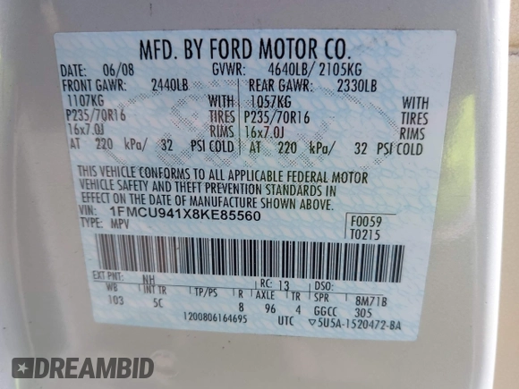 2008 Ford Escape Limited with VIN 1FMCU941X8KE85560, listed as a IAAI auction lot 42166186 with Not provided miles and . Bid and sale history available at DreamBid. Image 9.