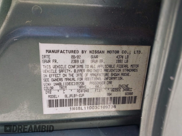 2003 Nissan Altima SE with VIN 1N4BL11D03C109736, listed as a IAAI auction lot 42127768 with Not provided miles and . Bid and sale history available at DreamBid. Image 9.