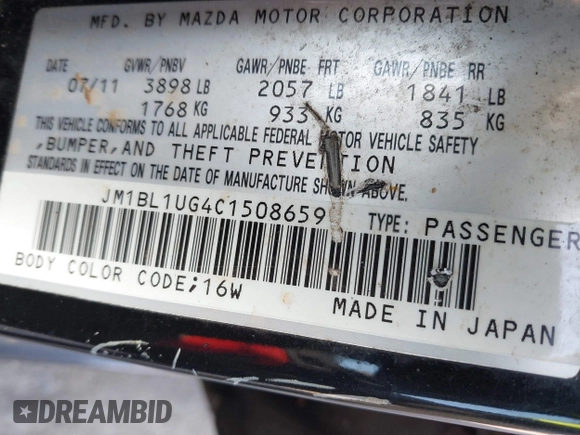 2012 Mazda Mazda3 i Sport with VIN JM1BL1UG4C1508659, listed as a IAAI auction lot 42057581 with 16,951 mi miles. Bid and sale history available at carsss.com. Image 9.