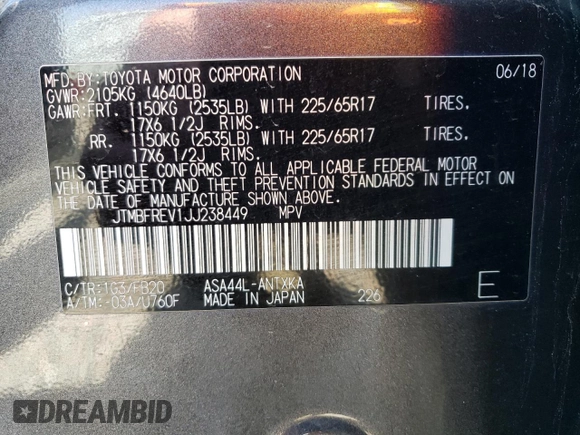 2018 Toyota RAV4 LE with VIN JTMBFREV1JJ238449, listed as a Copart auction lot 47999795 with 85,159 mi miles and Salvage Title. Bid and sale history available at DreamBid. Image 14.