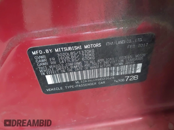 2017 Mitsubishi Mirage ES z VIN ML32A3HJ2HH021629, wystawiony jako IAAI lot #42666655 z przebiegiem 158 157 mil mil oraz . Historia ofert i sprzedaży dostępna na DreamBid. Obrazek 9.