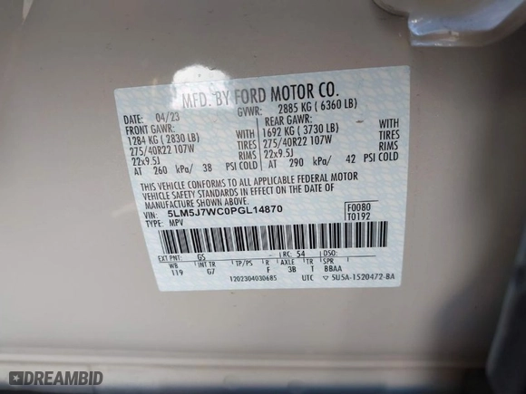 2023 Lincoln Aviator Reserve with VIN 5LM5J7WC0PGL14870, listed as a IAAI auction lot 41278696 with 1 mi miles. Bid and sale history available at carsss.com. Image 9.