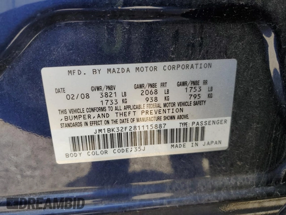 2008 Mazda 3 i Touring with VIN JM1BK32F281115887, listed as a Copart auction lot 51346635 with 125,253 mi miles and Salvage Title. Bid and sale history available at DreamBid. Image 13.