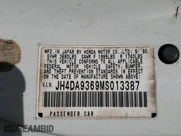 1991 Acura Integra with VIN JH4DA9369MS013387, listed as a Copart auction lot 60076275 with 293,259 mi miles and Salvage title. Bid and sale history available at DreamBid. Image 13.