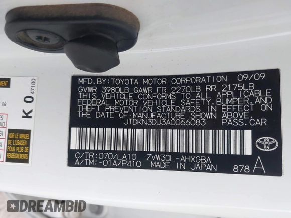 2010 Toyota Prius II with VIN JTDKN3DU3A0066083, listed as a IAAI auction lot 41871002 with 171,489 mi miles. Bid and sale history available at carsss.com. Image 9.