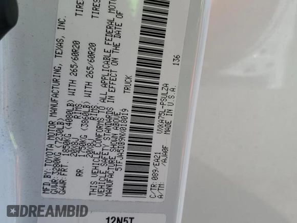 2022 Toyota Tundra Limited z VIN 5TFJA5DB9NX018019, wystawiony jako Copart lot #52607235 z przebiegiem 31 692 mil mil oraz Szkoda całkowita • Salvage title. Historia ofert i sprzedaży dostępna na DreamBid. Obrazek 13.