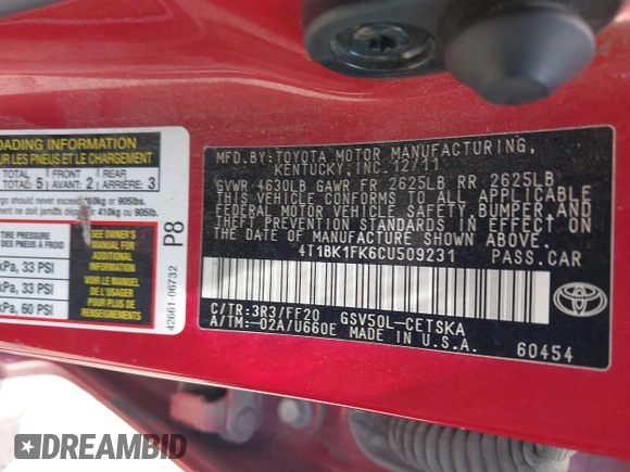 2012 Toyota Camry SE with VIN 4T1BK1FK6CU509231, listed as a IAAI auction lot 42036834 with 252,985 mi miles. Bid and sale history available at carsss.com. Image 9.
