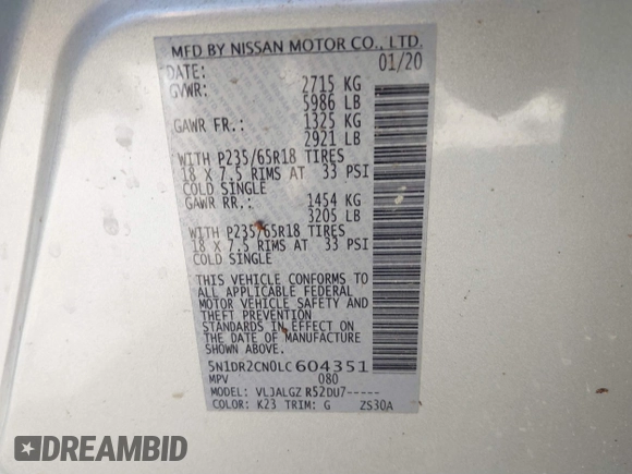 2020 Nissan Pathfinder SL with VIN 5N1DR2CN0LC604351, listed as a IAAI auction lot 41179117 with 80,861 mi miles. Bid and sale history available at carsss.com. Image 9.