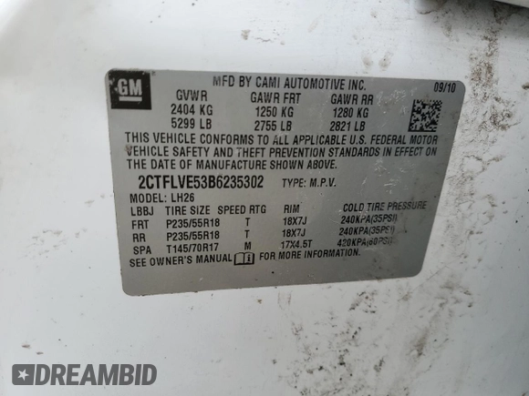 2011 GMC Terrain SLT-1 with VIN 2CTFLVE53B6235302, listed as a Copart auction lot 46898125 with 183,059 mi miles and Salvage title. Bid and sale history available at DreamBid. Image 13.