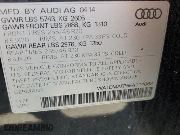 2014 Audi Q5 Premium Plus with VIN WA1DMAFP5EA114068, listed as a Copart auction lot 60199115 with 74,627 mi miles and Salvage title. Bid and sale history available at DreamBid. Image 13.