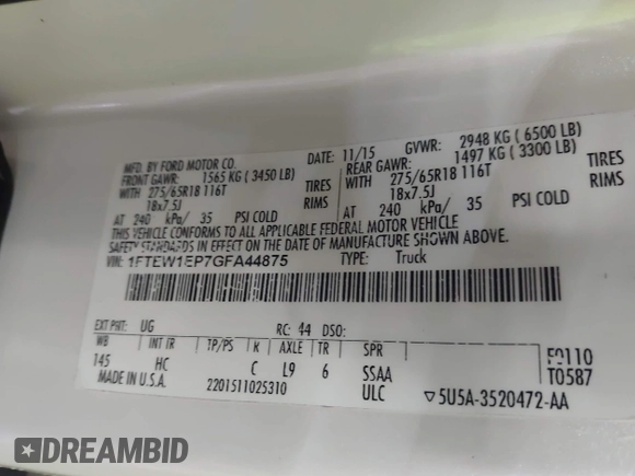 2016 Ford F-150 XLT with VIN 1FTEW1EP7GFA44875, listed as a IAAI auction lot 42525780 with 108,096 mi miles and . Bid and sale history available at DreamBid. Image 9.
