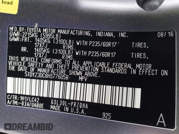 2017 Toyota Sienna XLE Auto Access Seat with VIN 5TDYZ3DC8HS776058, listed as a IAAI auction lot 41945909 with 138,899 mi miles. Bid and sale history available at carsss.com. Image 9.