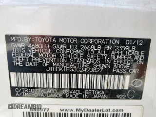 2012 Lexus ES 330 with VIN JTHBK1EG3C2490827, listed as a Copart auction lot 62430405 with 110,944 mi miles and Salvage title. Bid and sale history available at DreamBid. Image 12.