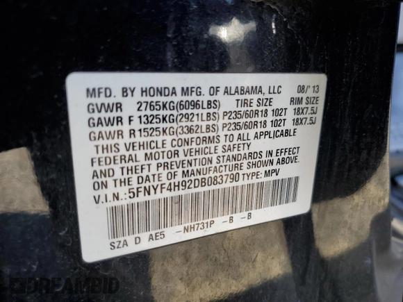 2013 Honda Pilot Touring с VIN 5FNYF4H92DB083790, выставлен на аукционе Copart как лот 56335425 с пробегом 119 330 миль миль и На запчасти • Non repairable. История ставок и продаж доступна на DreamBid. Изображение 13.