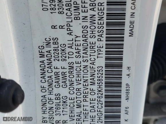 2019 Honda Civic Sedan LX with VIN 2HGFC2F62KH585253, listed as a Copart auction lot 51227105 with 44,913 mi miles and Salvage Title. Bid and sale history available at carsss.com. Image 13.