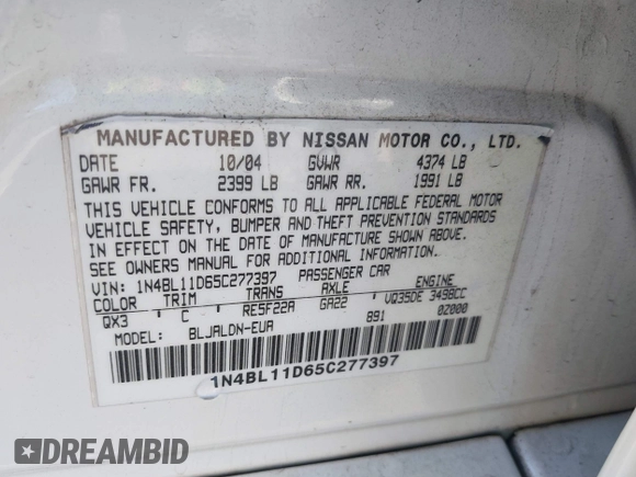 2005 Nissan Altima SE-R with VIN 1N4BL11D65C277397, listed as a IAAI auction lot 42299085 with 150,295 mi miles and . Bid and sale history available at DreamBid. Image 9.