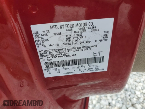 2008 Ford F-150 XLT z VIN 1FTPX14V08FB82197, wystawiony jako Copart lot #62962975 z przebiegiem 151 762 mil mil oraz Szkoda całkowita • Salvage title. Historia ofert i sprzedaży dostępna na DreamBid. Obrazek 13.