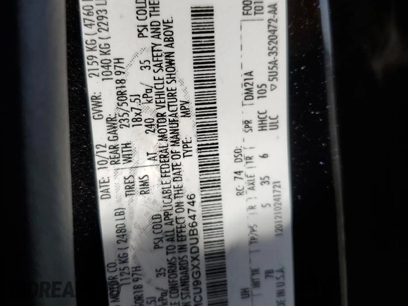 2013 Ford Escape SE with VIN 1FMCU9GXXDUB64746, listed as a Copart auction lot 55111745 with 78,468 mi miles and Salvage Title. Bid and sale history available at DreamBid. Image 13.