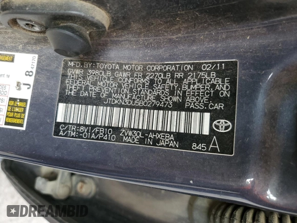 2011 Toyota Prius I with VIN JTDKN3DU5B0279473, listed as a Copart auction lot 78522334 with 261,478 mi miles and Salvage Title. Bid and sale history available at DreamBid. Image 12.