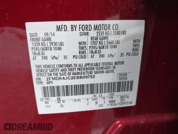2014 Ford Edge SEL z VIN 2FMDK4JC2EBB09752, wystawiony jako IAAI lot #42180224 z przebiegiem 107 503 mil mil oraz . Historia ofert i sprzedaży dostępna na DreamBid. Obrazek 9.