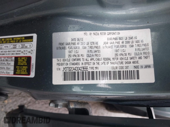 2013 Mazda CX-9 Touring with VIN JM3TB2CA4D0423555, listed as a IAAI auction lot 42241088 with 248,384 mi miles and . Bid and sale history available at DreamBid. Image 9.