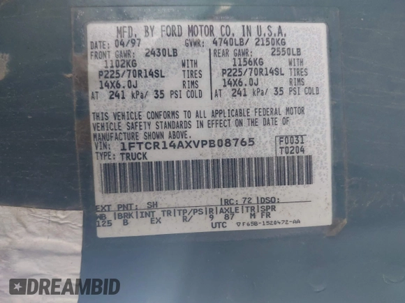 1997 Ford Ranger XL with VIN 1FTCR14AXVPB08765, listed as a IAAI auction lot 41840837 with 140,962 mi miles and . Bid and sale history available at DreamBid. Image 9.