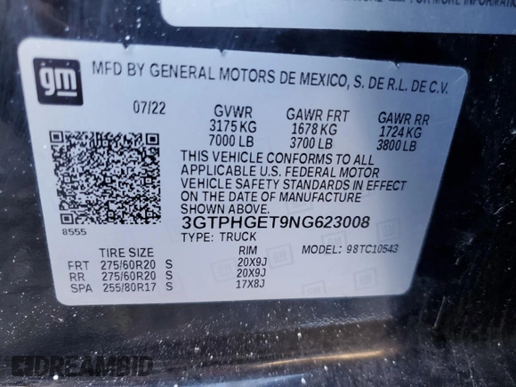 2022 GMC Sierra 1500 with VIN 3GTPHGET9NG623008, listed as a Copart auction lot 80379004 with 44,631 mi miles and Salvage Title. Bid and sale history available at DreamBid. Image 12.